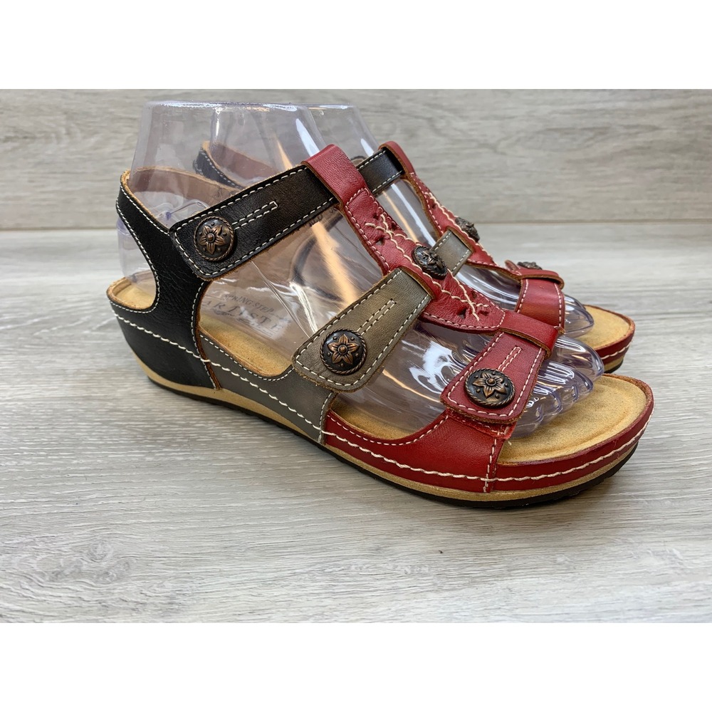 Spring Step L'Artiste Melissa Red Multi Leather Wedge Sandals Women's US 5.5-6